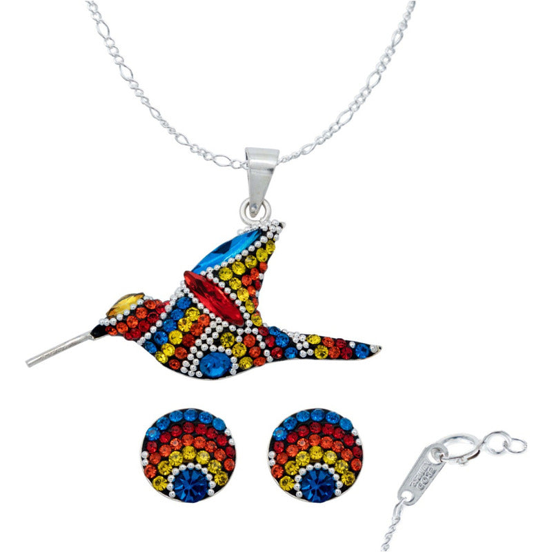 Colibri Dije Arete Cadena Piedras Conjunto Mediano Plata 925