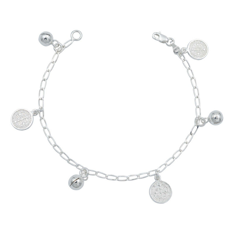 Pulsera San Benito Medalla Doble Vista Cascabel Plata 925