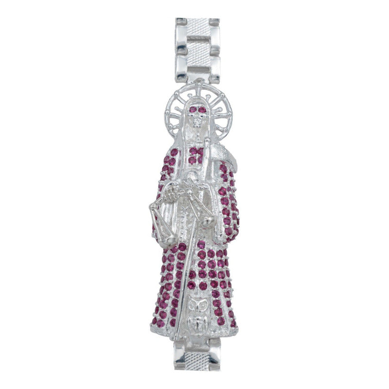 Pulsera Rolo Gruesa Santa Muerte Grande Zirconias Plata 925