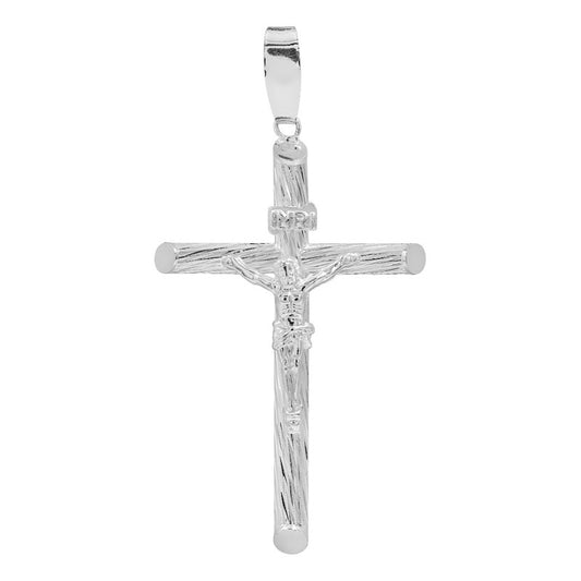 Dije Cruz Tubular Cristo Plata 925 6 Cm Diamantado Diagonal Plateado