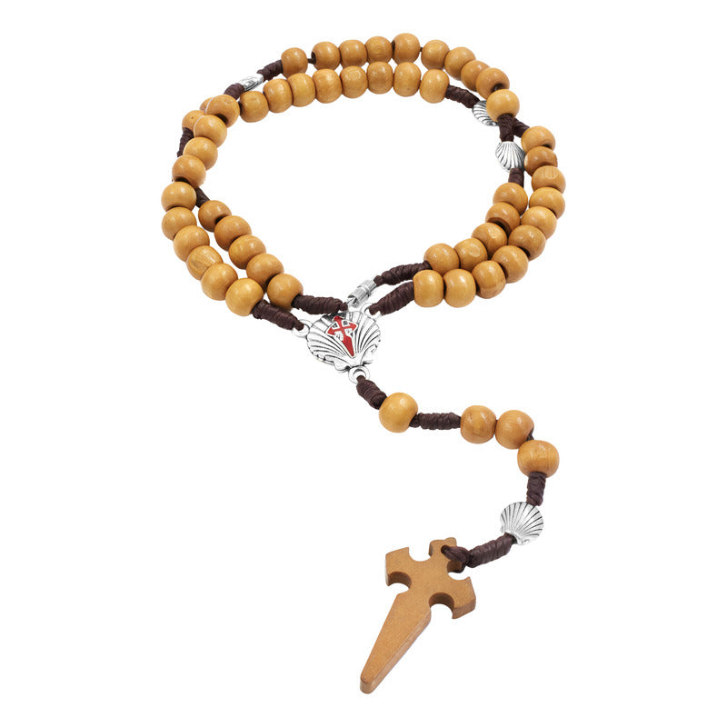 Rosario Madera Cruz Catolica Camino De Santigo Conchas Metal Marrón Claro