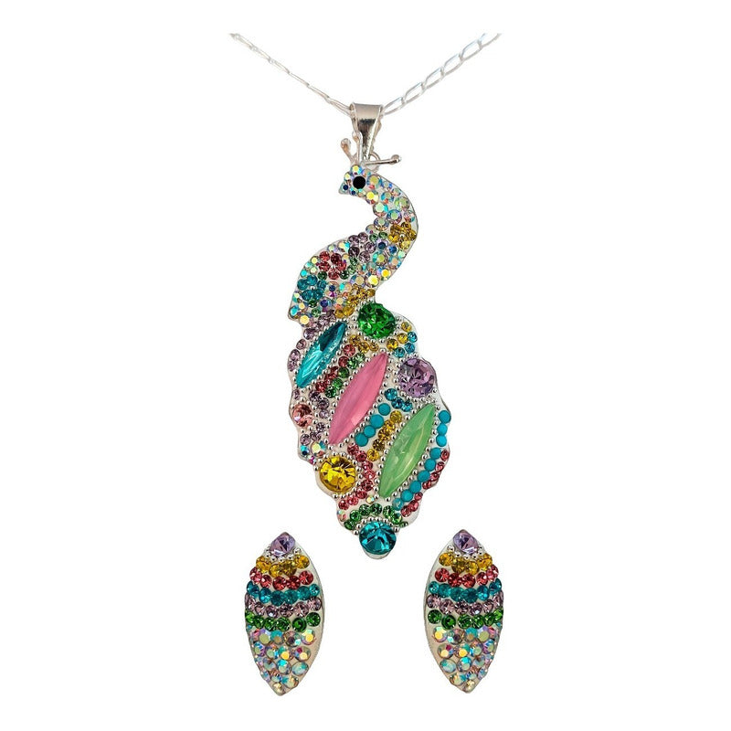 Juego Gigante Completo Artesanal Pavo Real Piedras Plata 925