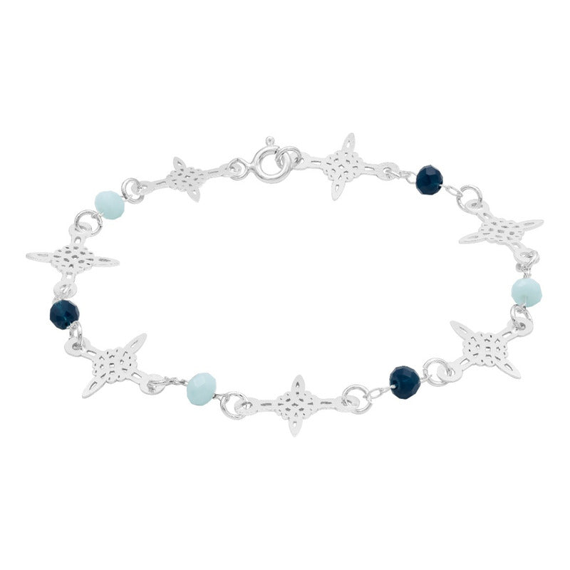 Pulsera Nudo De Bruja Laser Cristales Regalo Mujer Plata 925 Celeste Azul Marino 19 Cm