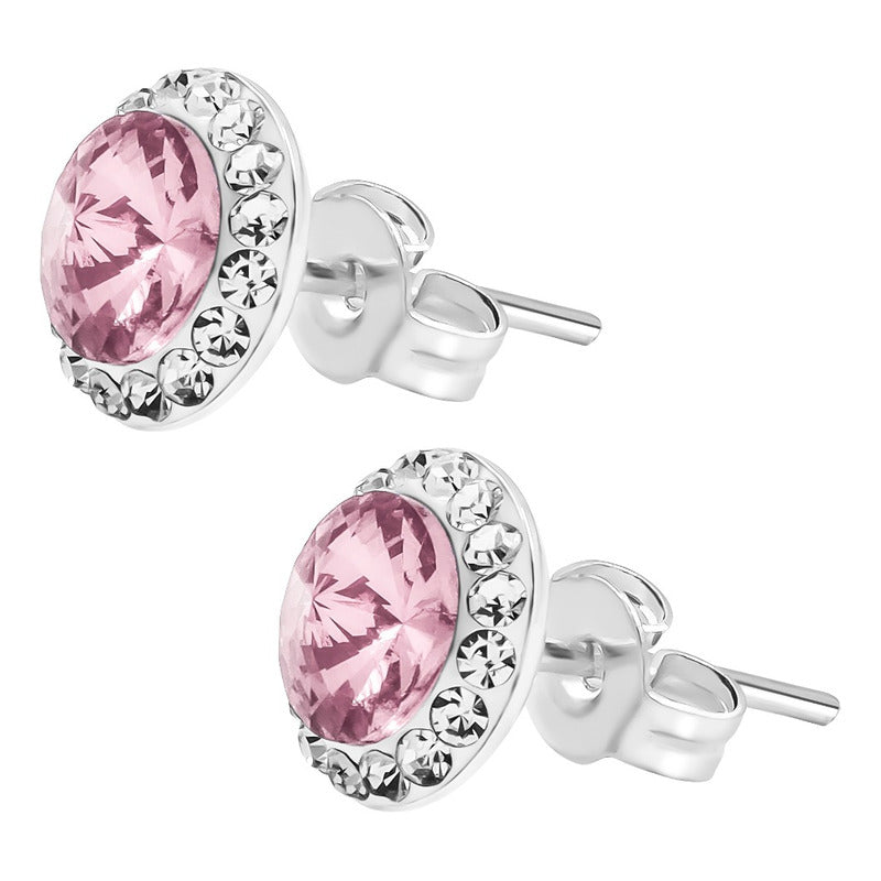 Juego Dije Aretes Plata 925 Con Cristales Zirconias 1.5 Cm Rosa