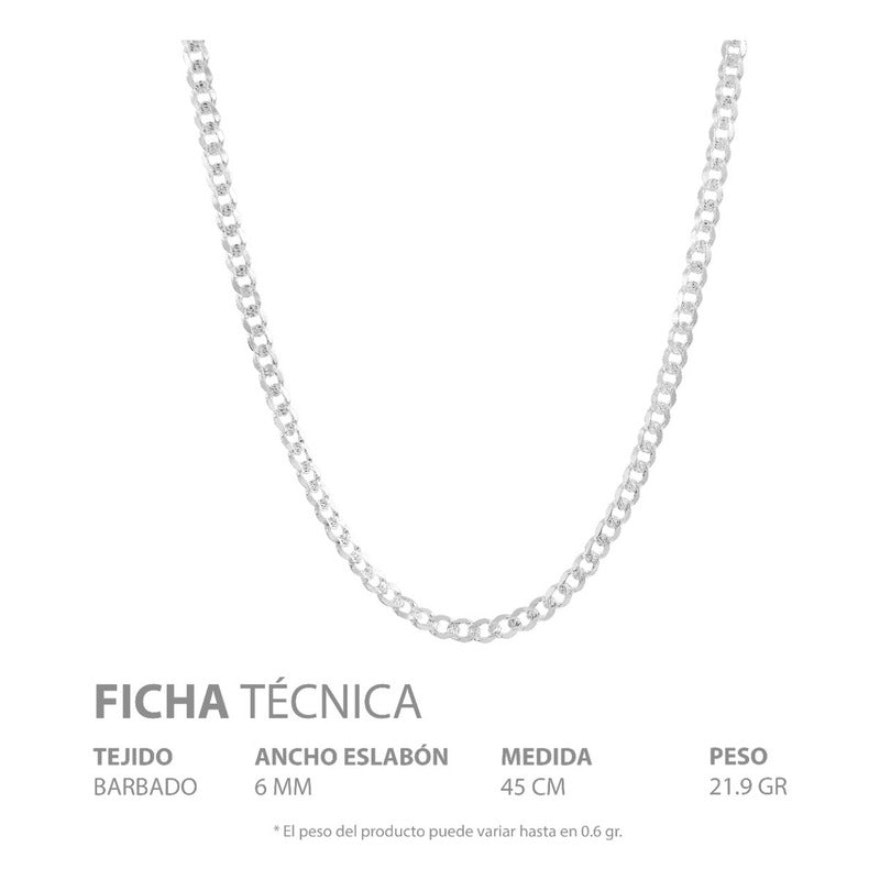 Cadena Cubana Diamantada Barbada Hombre Plata925 45cm X 6mm Plateado