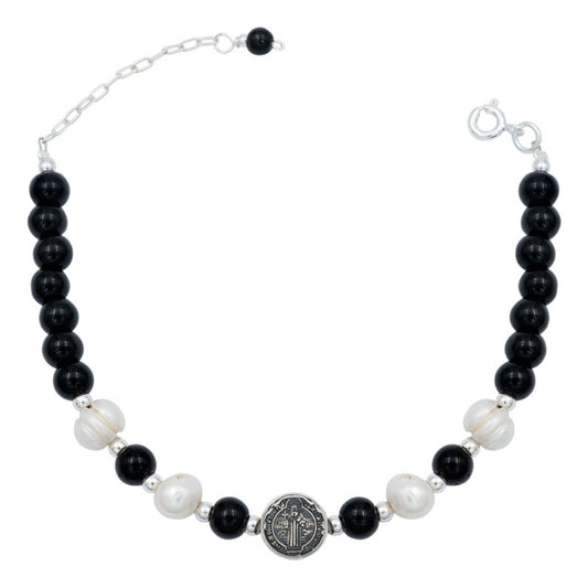 Pulsera Ajustable San Benito Bolitas Medalla Plata 925