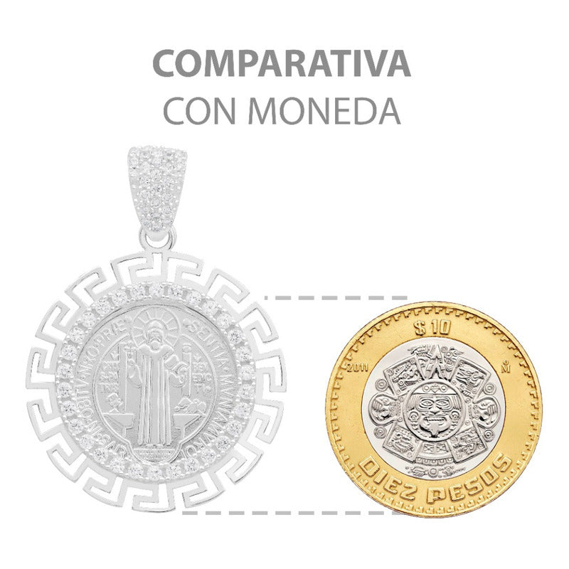 Dije Medalla San Benito Grecas Zirconias Plata 925 3.4 Cm Blanco