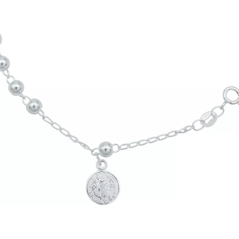 Pulsera Misterio San Benito Bola Lisa 4 Mm Unisex Plata S925 Plateado 6 Cm 18 Cm