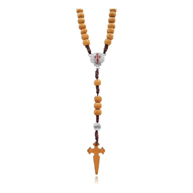 Rosario Madera Cruz Catolica Camino De Santigo Conchas Metal Marrón Claro