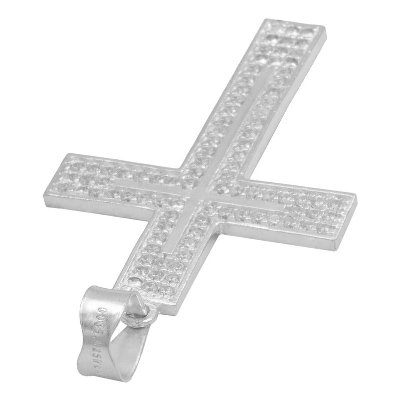 Dije Cruz Grande Plana Zirconias Hombre Plata 925 4.6 Cm Blanco