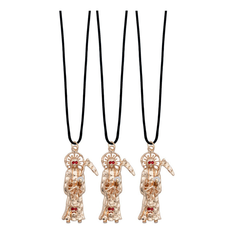 3 Piezas Collar Dije Santa Muerte Calavera Piedra Caucho