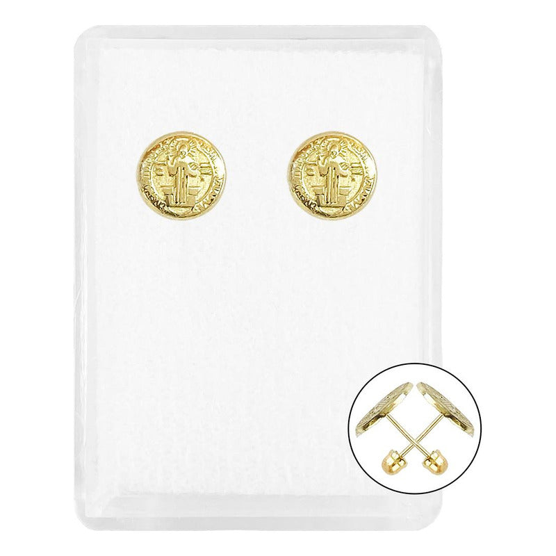 Broquel Arete Boton Medallas San Benito Mujer Regalo Oro 10k