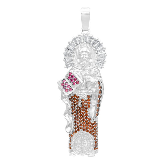 Dije Medalla San Benito Grande Protección Zirconia Plata 925 Café