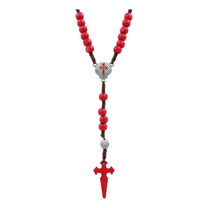 Rosario Madera Cruz Religion Conchas Camino De Santigo Metal Rojo