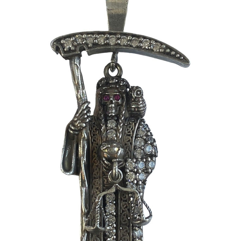 Dije Medalla Grande Santa Muerte Con Zirconias En Plata 925