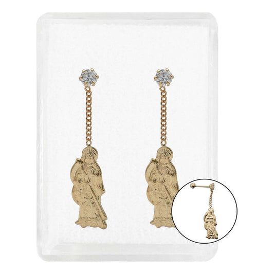 Arete Broquel Pendiente Santa Muerte Cadena Zirconia Oro10k