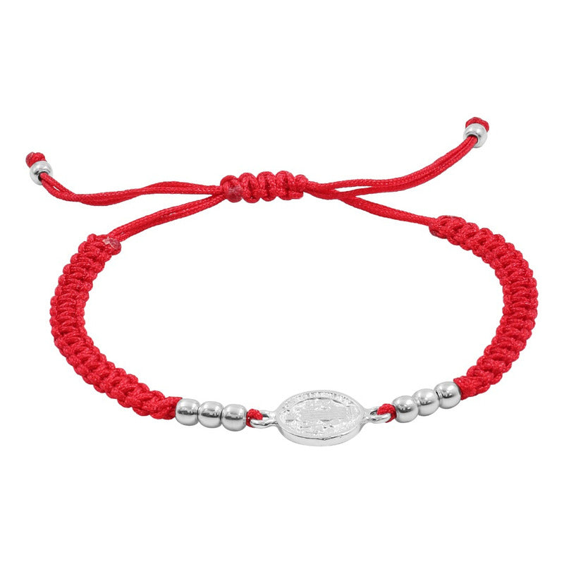 Pulsera Ajustable Hilo Amuleto Medalla San Benito Plata 925 Rojo