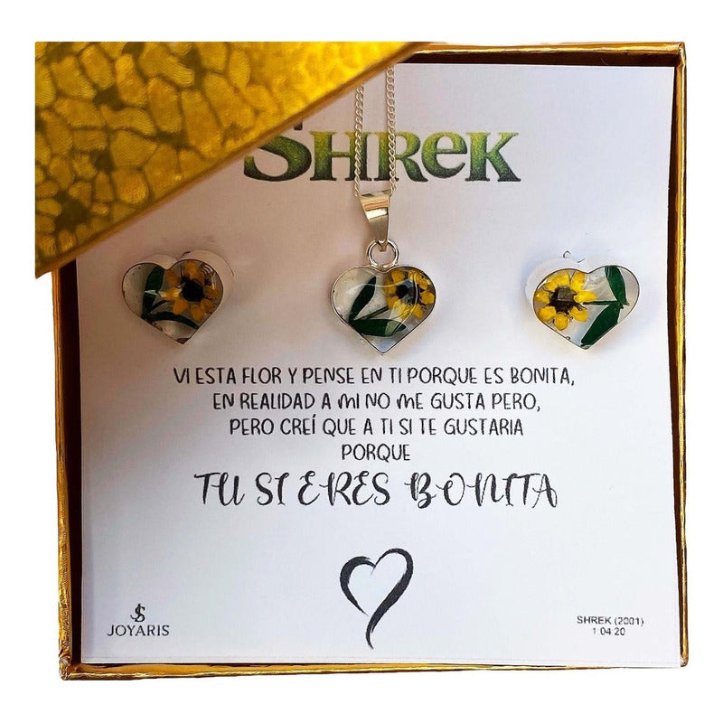 Shrek Aretes Collar Girasol Promesa Regalo Amor Plata S925