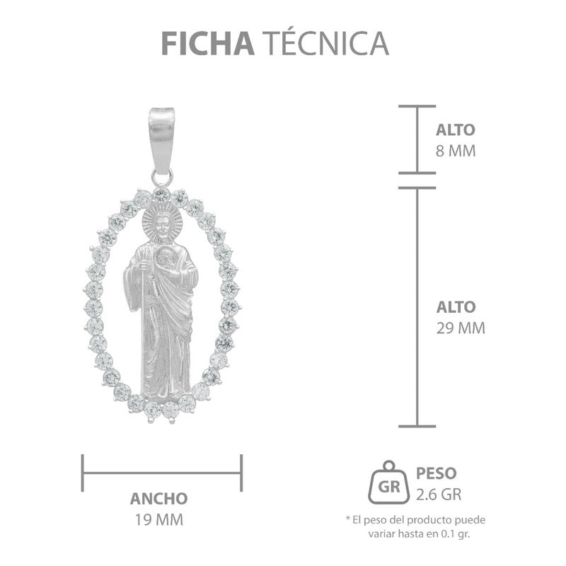 Dije San Judas Liso Borde Zirconias Hombre Plata 925 3.7 Cm