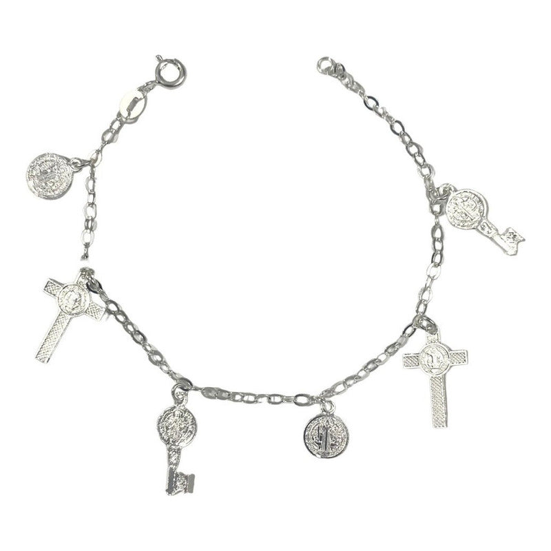 Pulsera Ajustable San Benito Pequeña Medallas Plata Ley 925