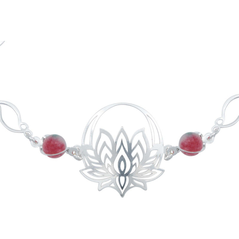 Pulsera Flor De Loto Piedra Natural Cuarzo Mujer Plata 925