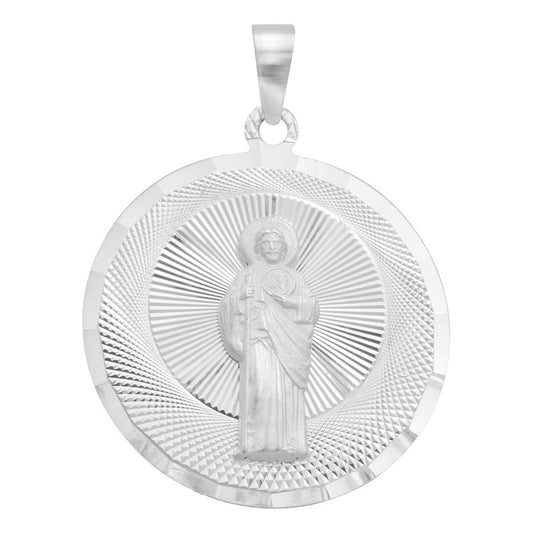 Dije Medalla Diamantado Redondo San Judas Plata 925 3 Cm