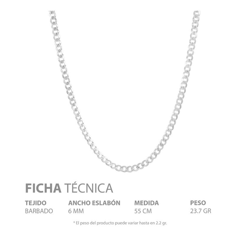 Cadena Cubana Diamantada Barbada Hombre Plata925 55cm X 6mm Plateado