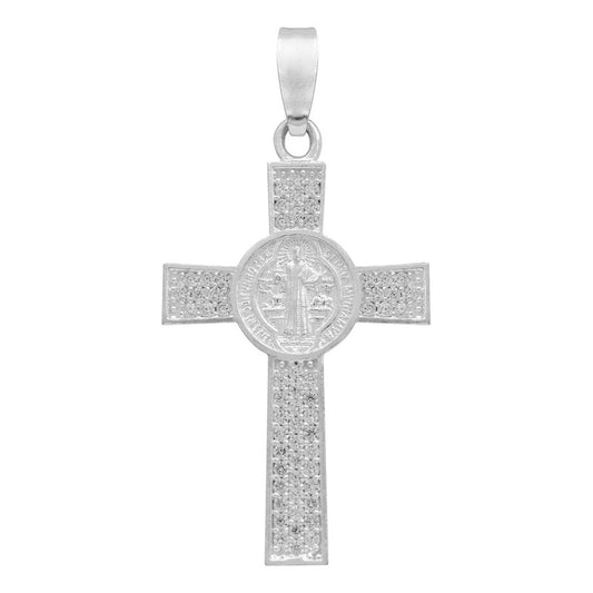 Dije Cruz De San Benito Doble Vista Con Zirconias En Plata 925 | Medalla Religiosa Detallada Y Pulida | 3.9 Cm | Ideal Para Uso Diario, Ceremonias Y Regalos