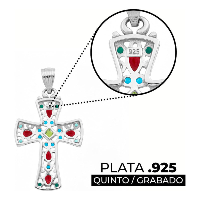 Dije Cruz Grande Plata 925 Piedra Natural Zirconia 4.3 Cm Rojo Verde