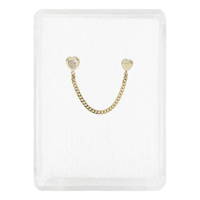Arete Doble Broquel Corazón Cadena Zirconia Mujer Oro 10k
