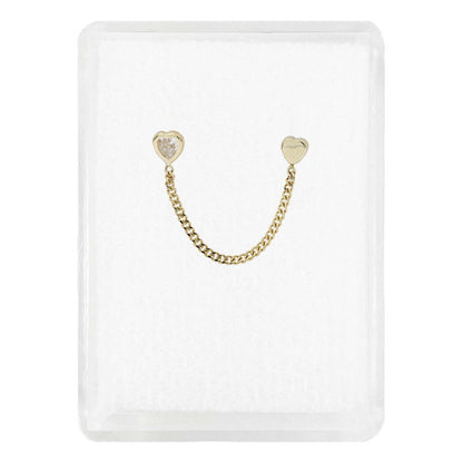 Arete Doble Broquel Corazón Cadena Zirconia Mujer Oro 10k