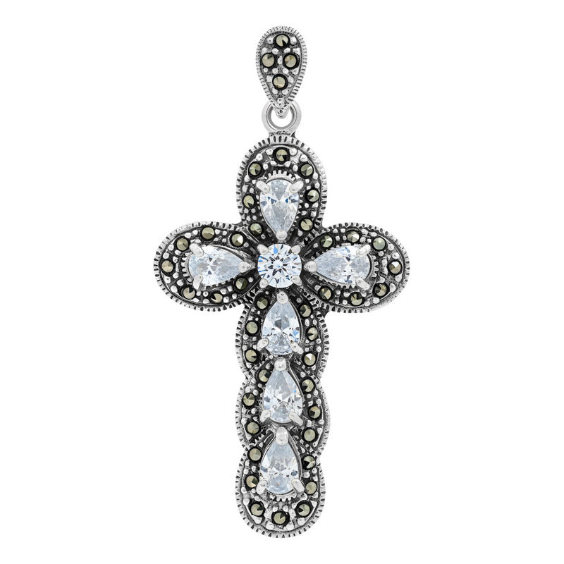 Dije Cruz Grande Rodizada De Plata Ley .925 Zirconias 5.2 Cm - Blanco