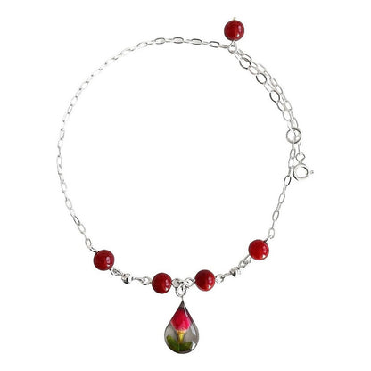 Tobillera Ajustable Flores Encapsuladas Cuarzos Plata 925