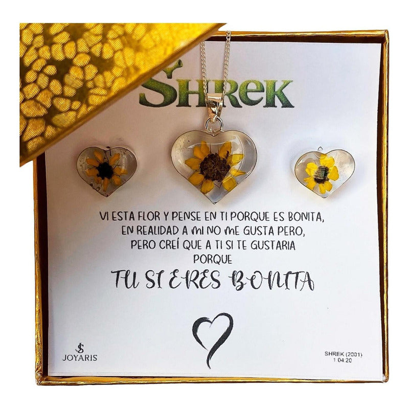 Shrek Aretes Collar Girasol Promesa Regalo Amor Plata S925
