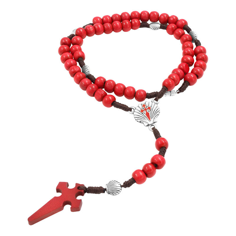 Rosario Madera Cruz Religion Conchas Camino De Santigo Metal Rojo