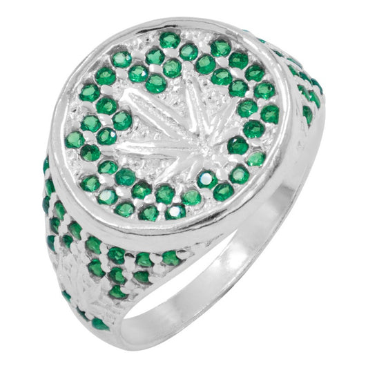 Anillo Marihuana Hoja Cánnabis Planta Plata 925 Hombre 7 Verde