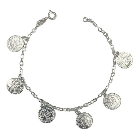 Pulsera Ajustable San Benito Pequeña Medallas Plata Ley 925