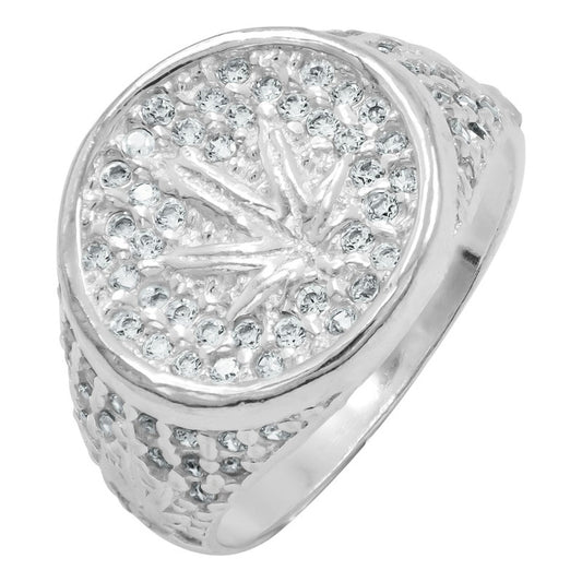 Anillo Marihuana Hoja Cánnabis Planta Plata 925 Hombre 11 Blanco