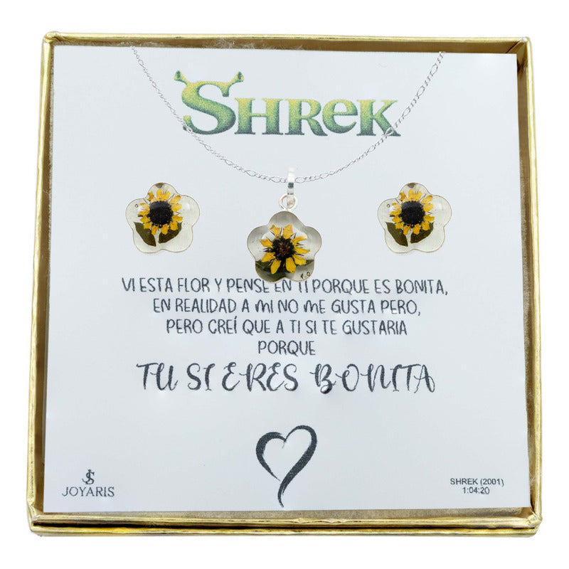Shrek Aretes Collar Girasol Promesa Regalo Amor Plata S925