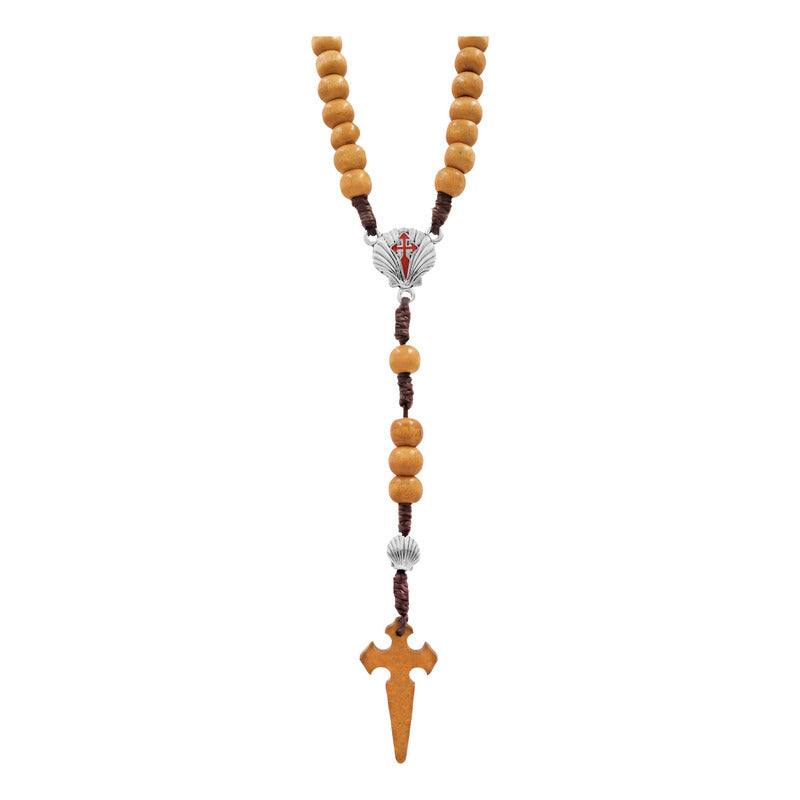 Rosario Madera Cruz Catolica Camino De Santigo Conchas Metal Marrón Claro