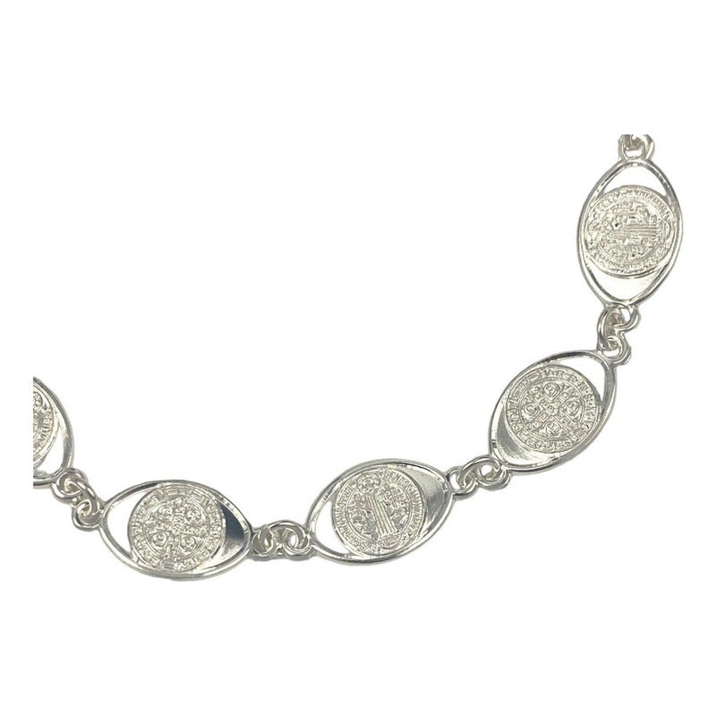 Pulsera San Benito Pequeña Medalla Plata Pura Solida Ley 925