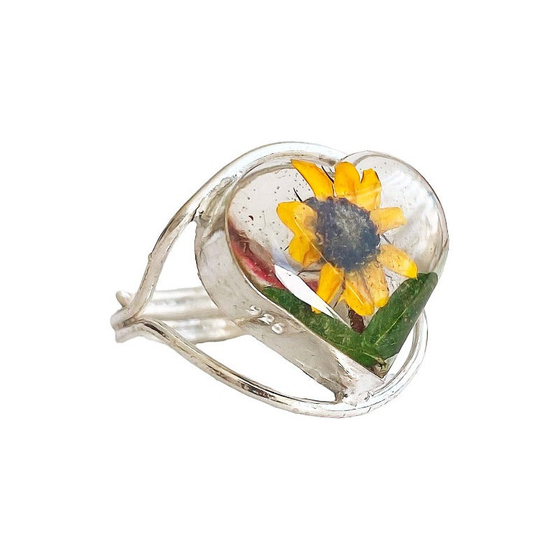 Anillo Ajustable Girasol Corazón Amor Promesa Plata 925