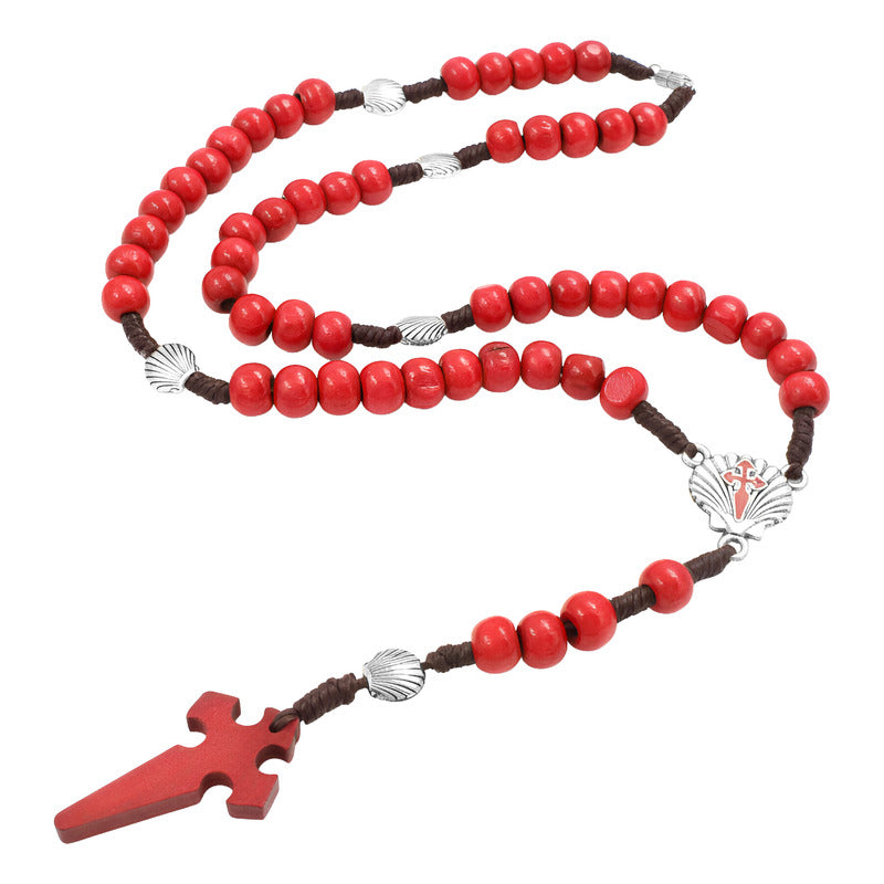 Rosario Madera Cruz Catolica Camino De Santigo Conchas Metal Rojo