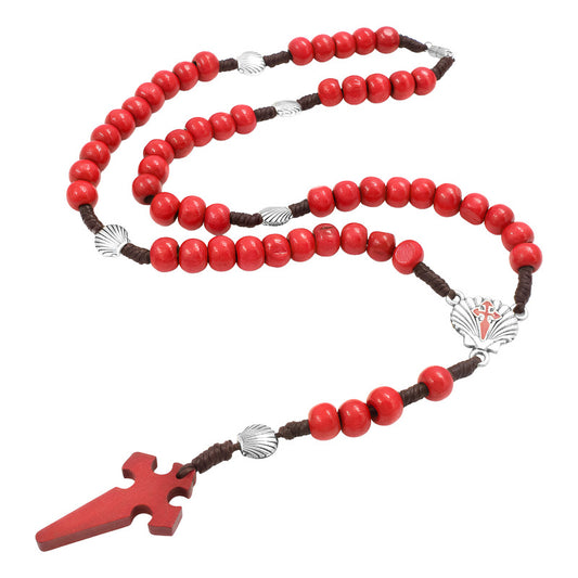 Rosario Madera Cruz Catolica Camino De Santigo Conchas Metal Rojo
