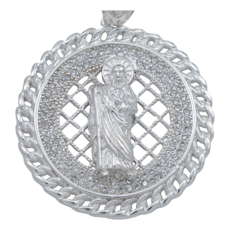 Dije Medalla Grande San Judas Zirconias Hombre Plata 925
