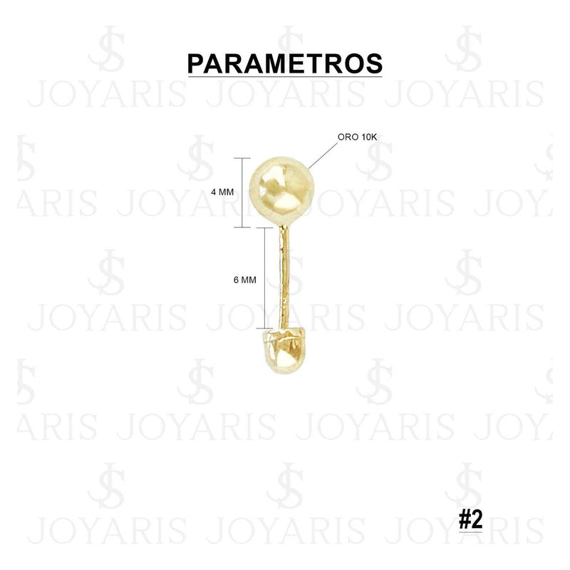 Arete Broquel Dormilona Bola Mujer Regalo #2 4 Mm Oro 10k