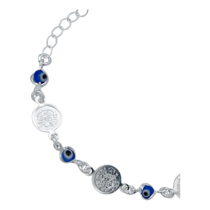 Pulsera Ajustable Con Medallas De San Benito Plata Ley S925