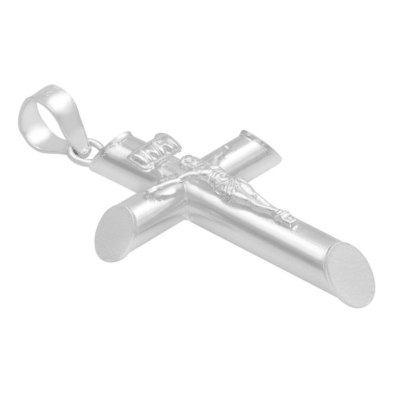 Dije Cruz Tubo Tubular Lisa Cristo Hombre Plata 925 3.6 Cm Plateado