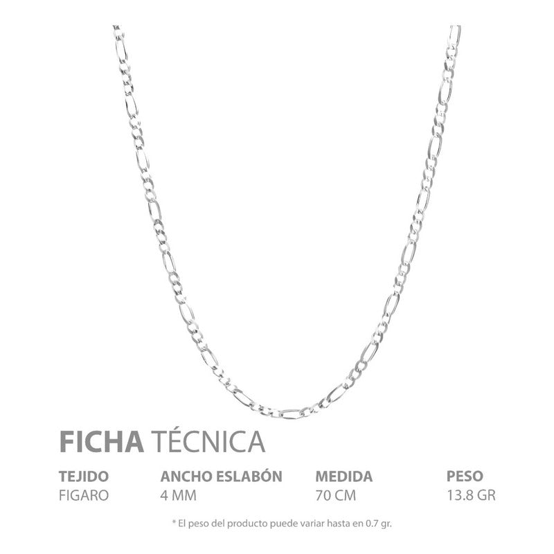 Cadena Figaro 3x1 Diamantada Unisex Plata 925 70 Cm X 4 Mm Plateado