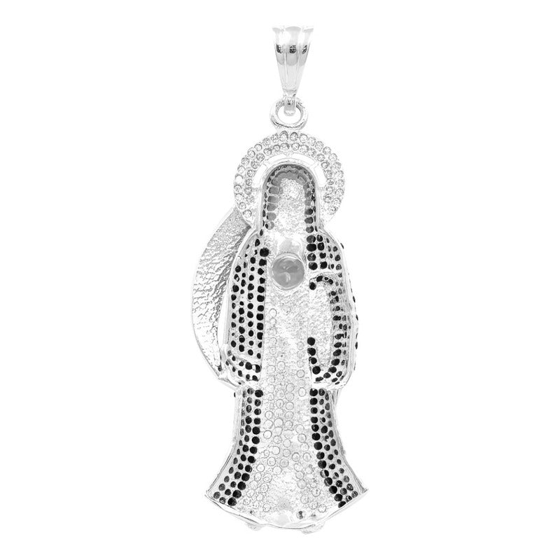 Dije Medalla Grande Santa Muerte Zirconias Plata 925 7.7 Cm - Negro